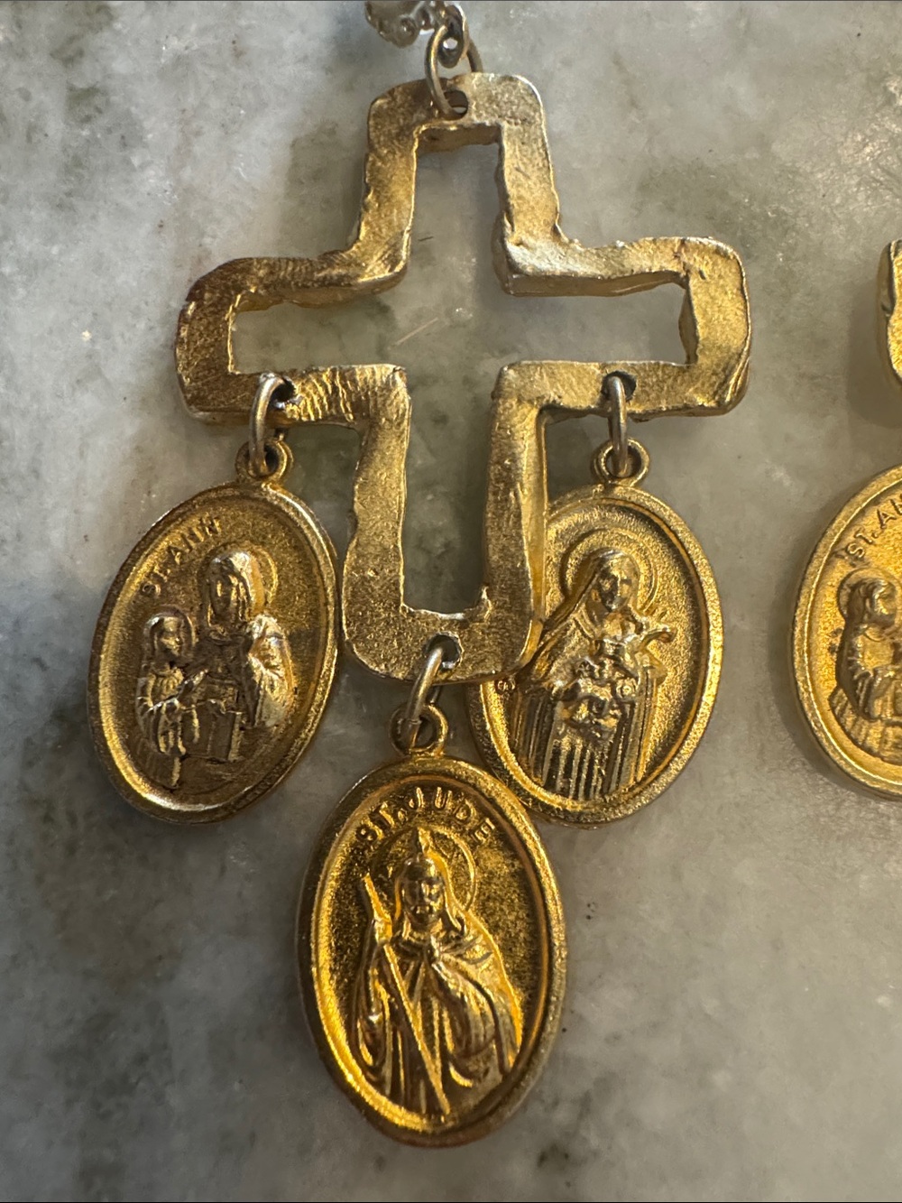 Gold Cross Dangle Earrings with  Medallions Susan Shaw - Picture 2 of 3